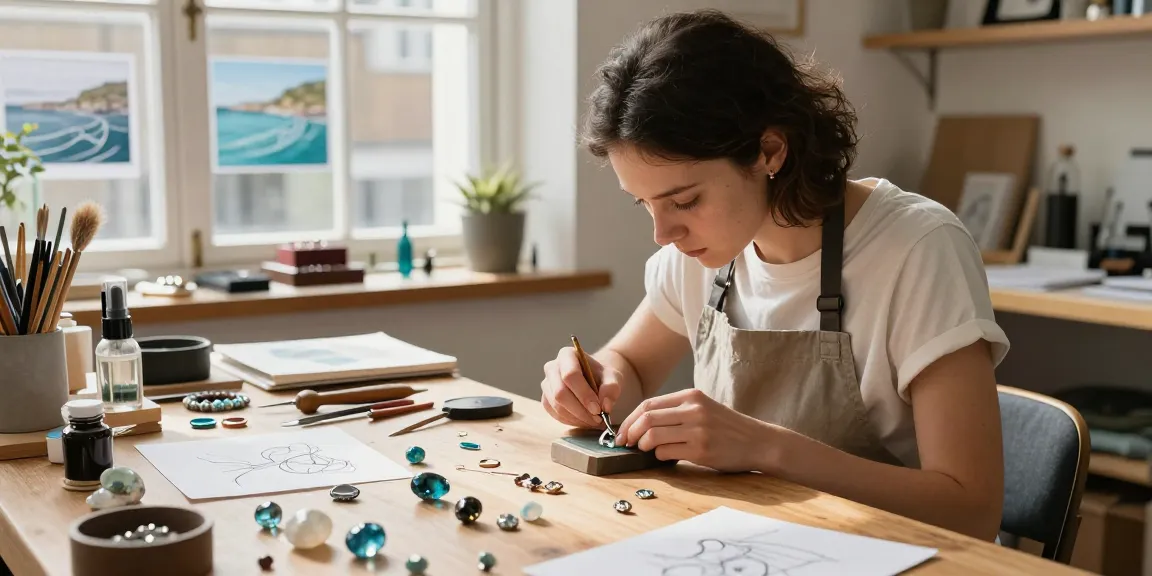 Artisan creating british fine jewellery in a sunlit studio, showcasing craftsmanship and sea-inspired designs.