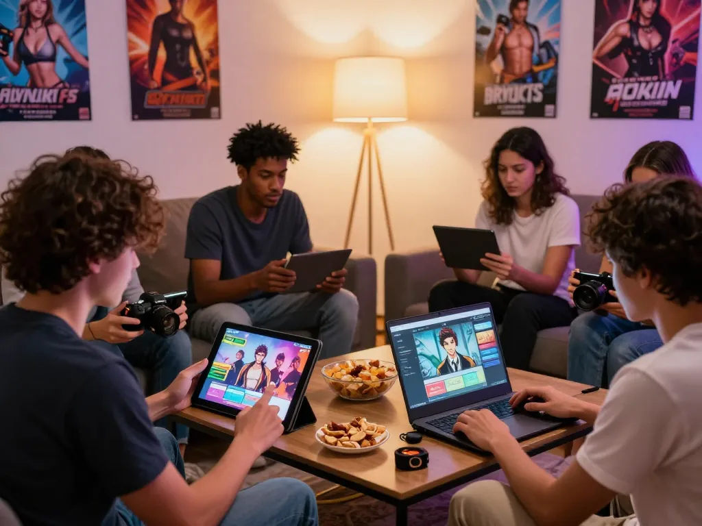 Friends enjoying interactive porn games in a cozy living room, showcasing diverse gaming experiences.