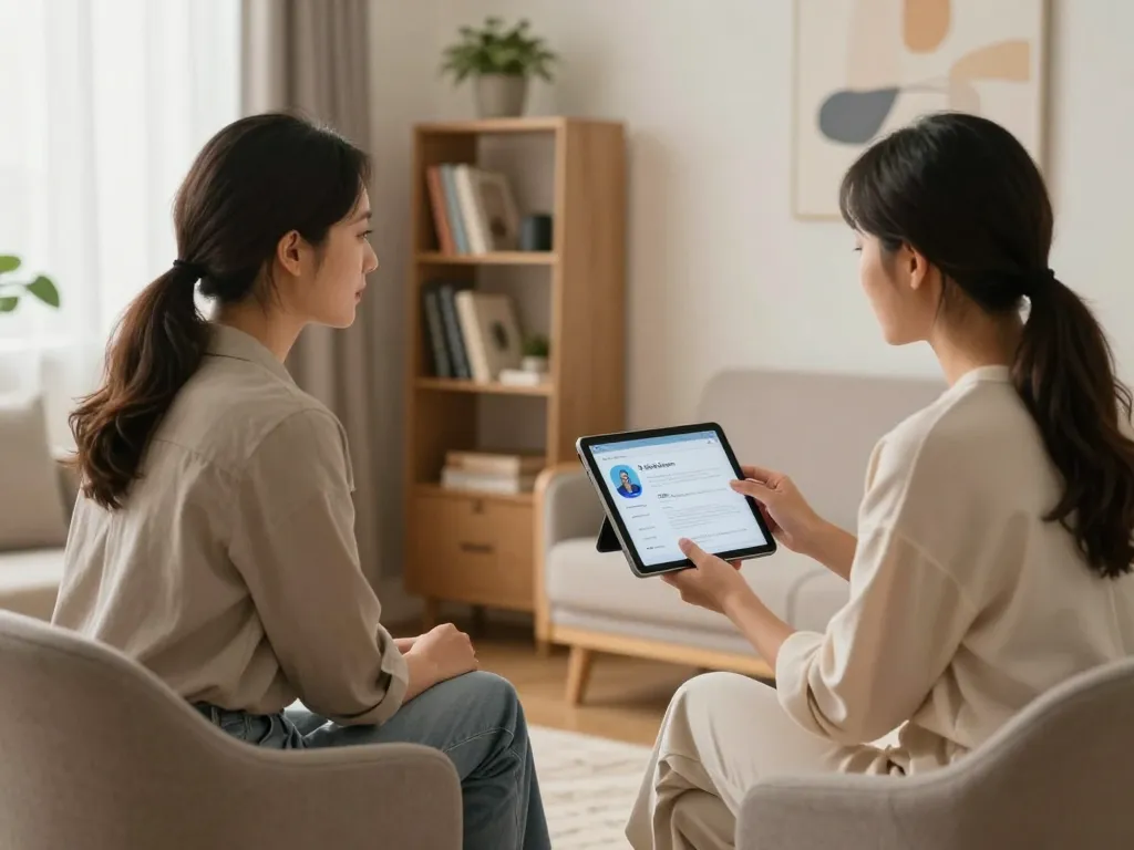 Therapist demonstrating sex AI tools to a client in a calming therapy room