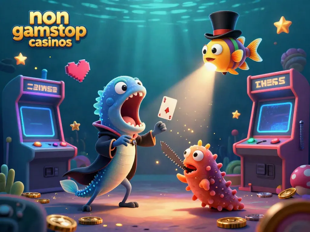 A vibrant illustration showcasing non gamstop casinos with a deep-sea eel magician performing tricks amid glowing game elements.