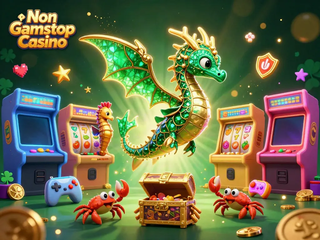 Engage with thrilling gameplay at Non Gamstop Casino featuring vibrant slot reels and magical creatures.