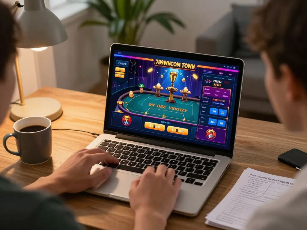 Engaged user playing live dealer game on laptop, showcasing excitement of online gambling at 789WINCOM TOWN.
