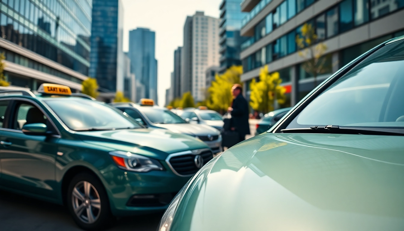 Minicabs ready to serve passengers in a vibrant urban setting.