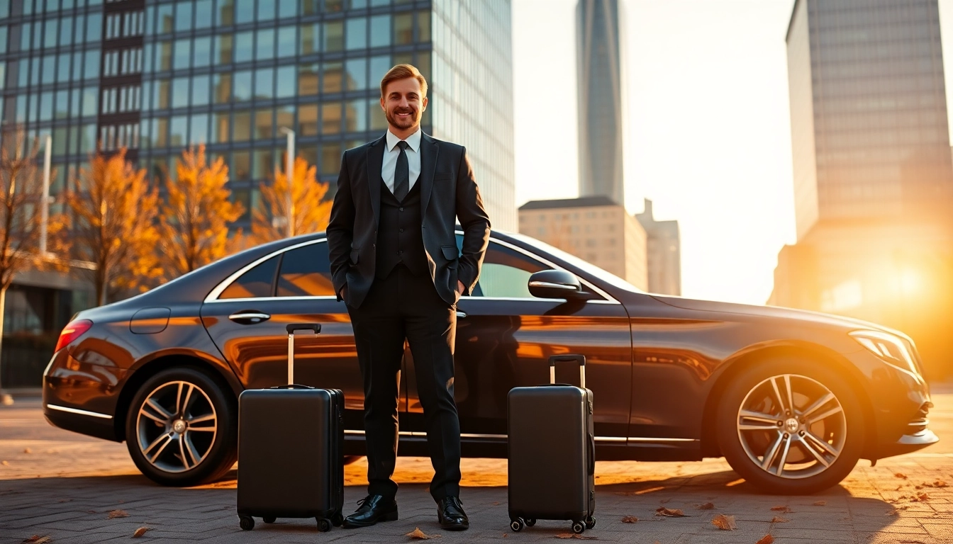 Chauffeur Nottingham welcoming clients next to a luxury car in a stylish urban setting.