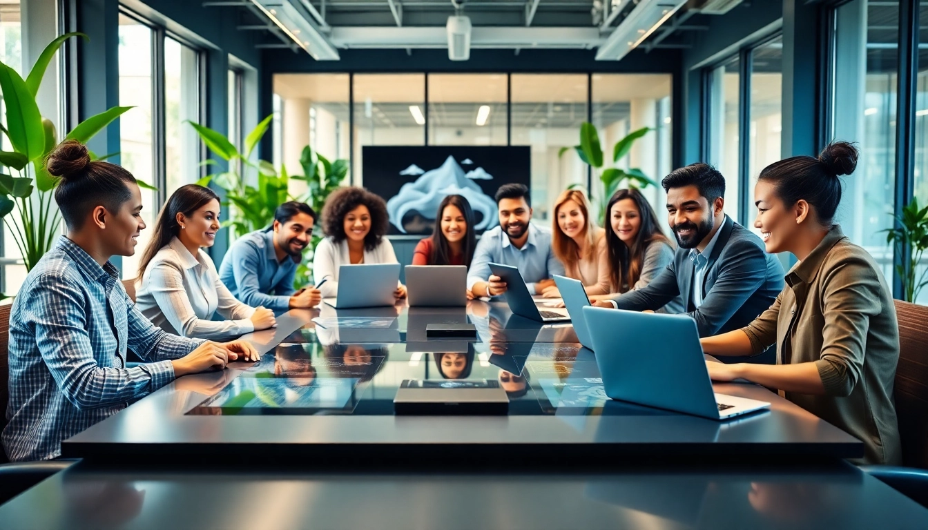 Employees collaborating using a cloud based phone system during a video call in a modern office setting.