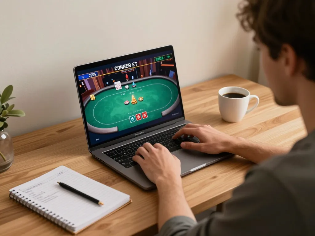 Player managing bankroll while playing poker on AE888 COM in cozy home environment