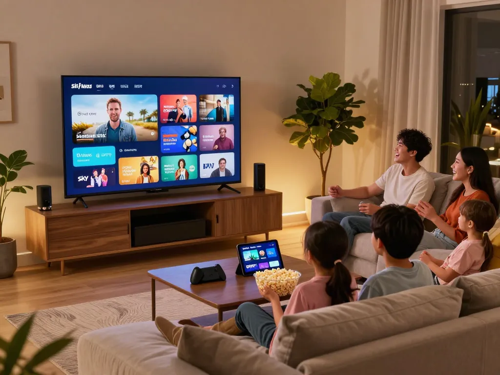 Family enjoying Sky glass IPTV while watching live TV in a modern living room.