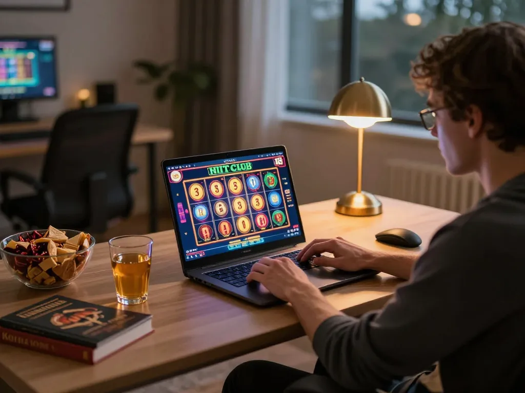 Engaging player using hitclub online casino app on a stylish laptop during cozy evening