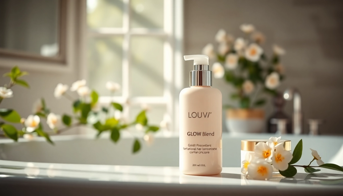 Enhancing radiance with Glow Blend skincare products in a serene bathroom setting.