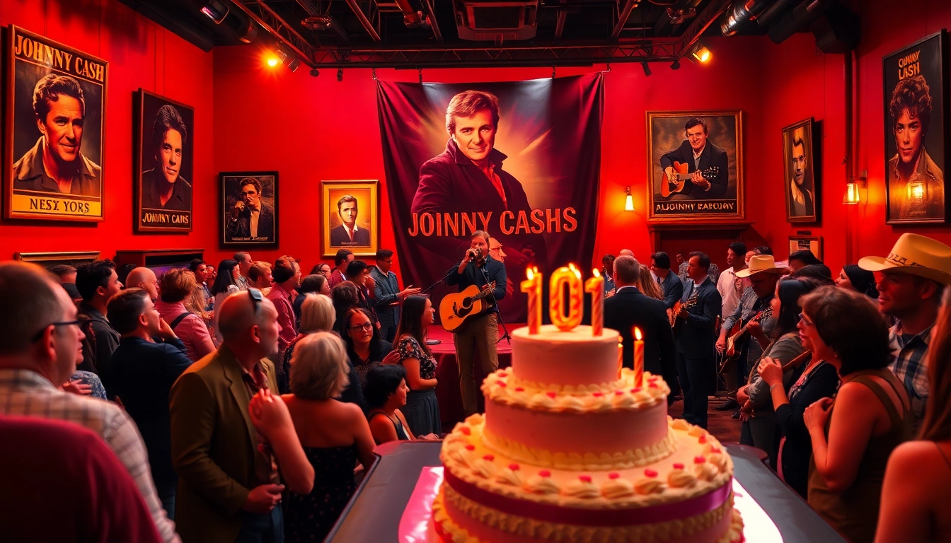 Experience the vibrant celebration for johnnycashbirthday.com with joyful crowds, live performances, and classic decor.