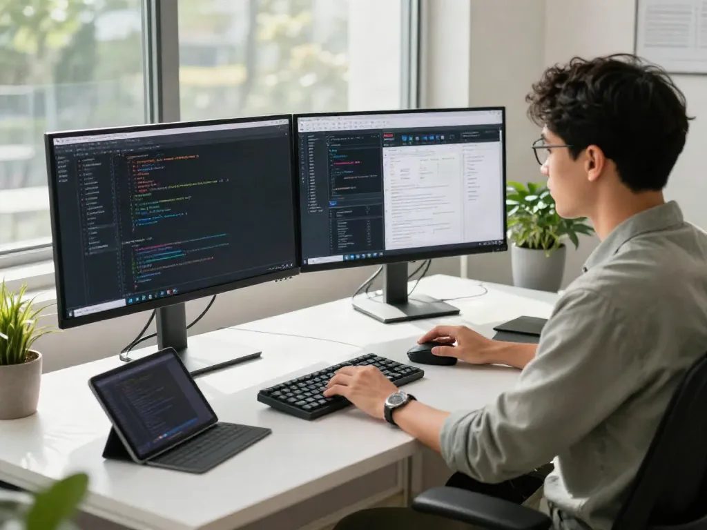 Developer engaged in coding activity at a modern workspace, capturing the concept of redirected here in tech.