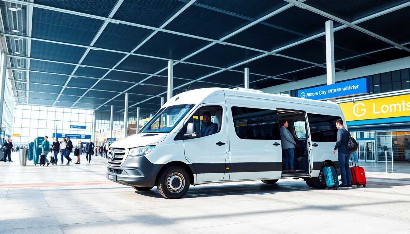 Passengers boarding a shuttle van at London City airport, showcasing vibrant travel dynamics.