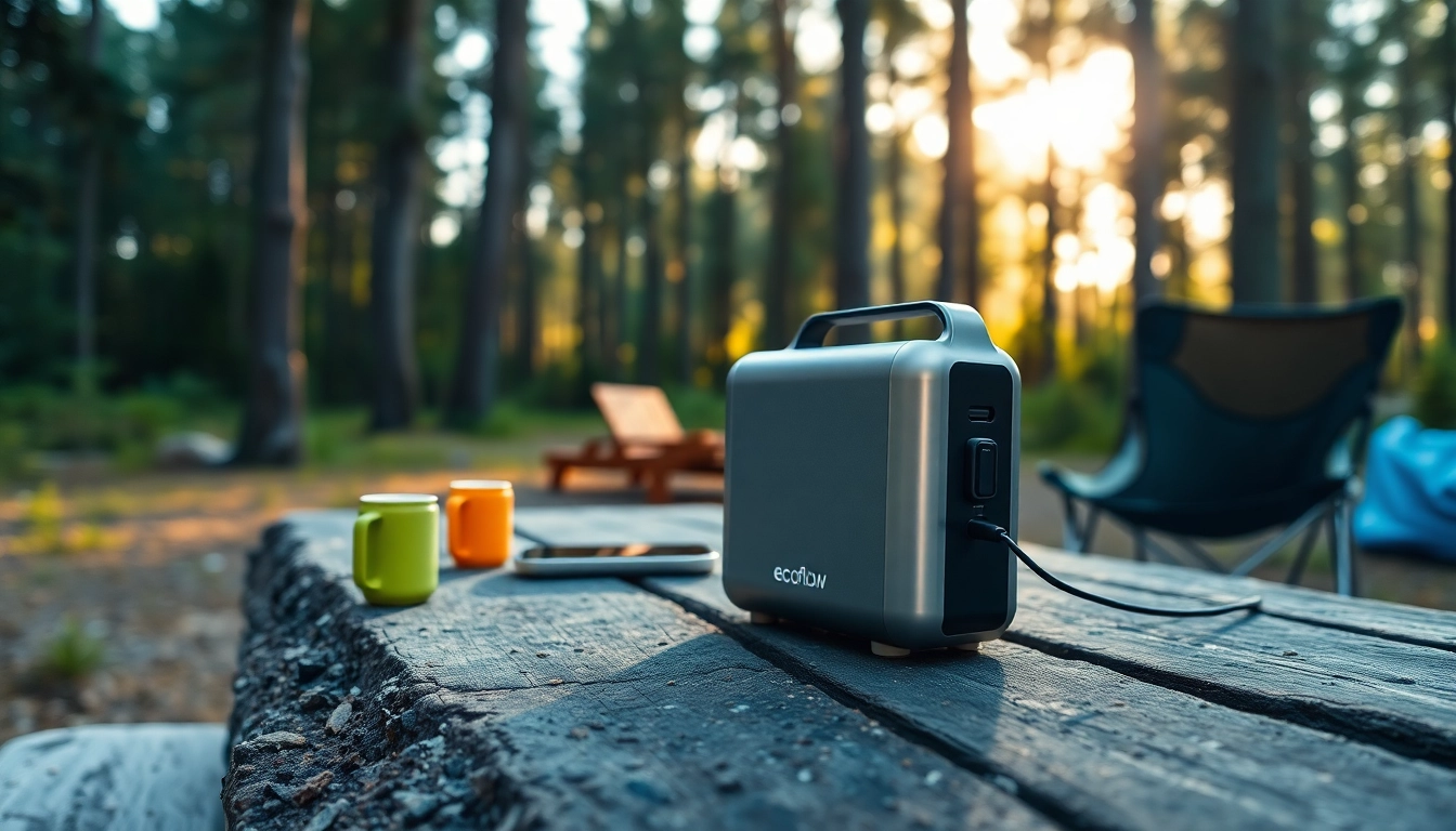 EcoFlow portable power station displayed in an outdoor setting, highlighting its features for camping.