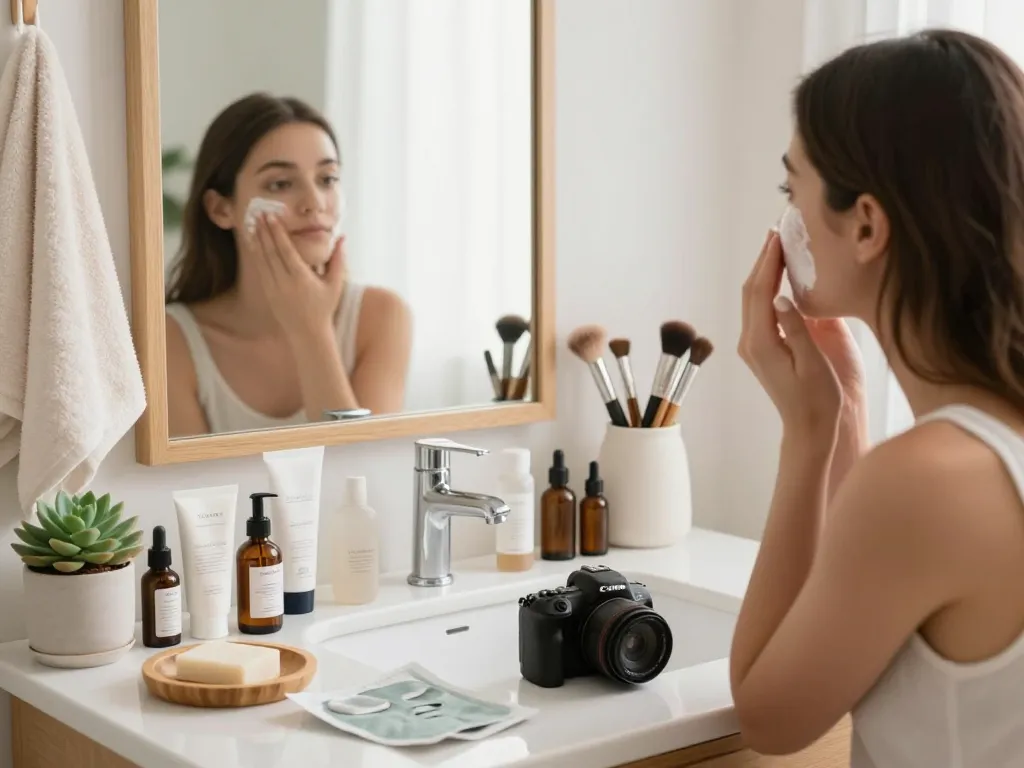 Aplicând produse skincare într-un decor modern și luminos de baie, cu produse de frumusețe.
