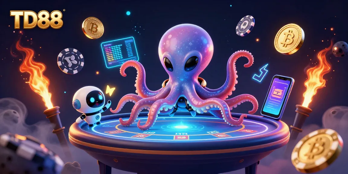 TD88 engages players in a vibrant poker showdown featuring an alien octopus, neon coins, and holographic elements.