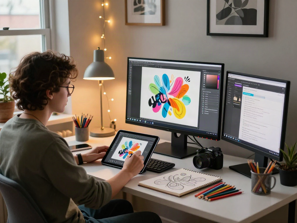 Creative workspace featuring nsfw digital art design tools, ambient lighting, and artistic decor.