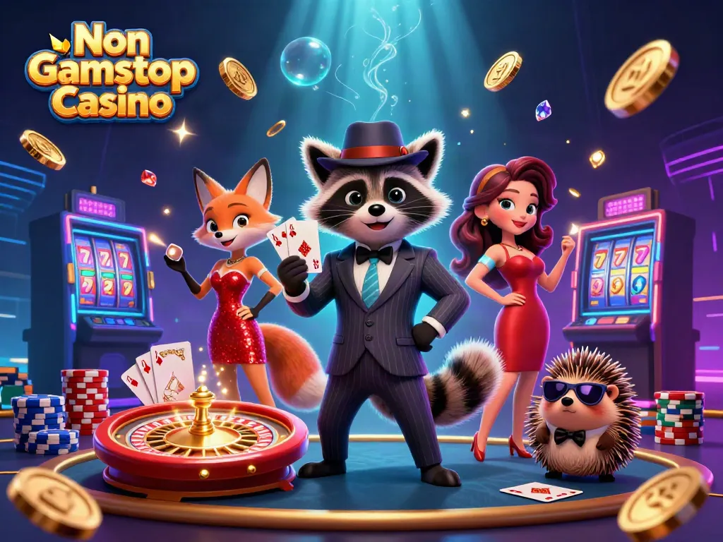 Engage with Non Gamstop Casino gaming action featuring a suave raccoon, fox lady, and hedgehog bouncer amid vibrant casino elements.