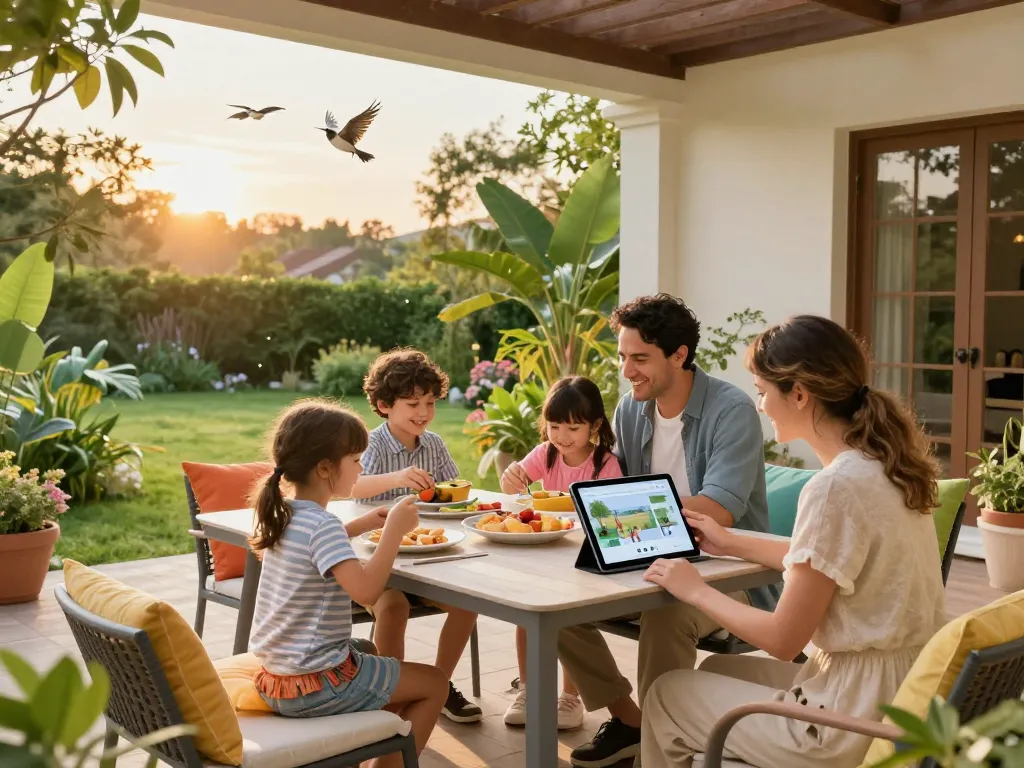 Engaging family using the veranda configurator for their backyard design.