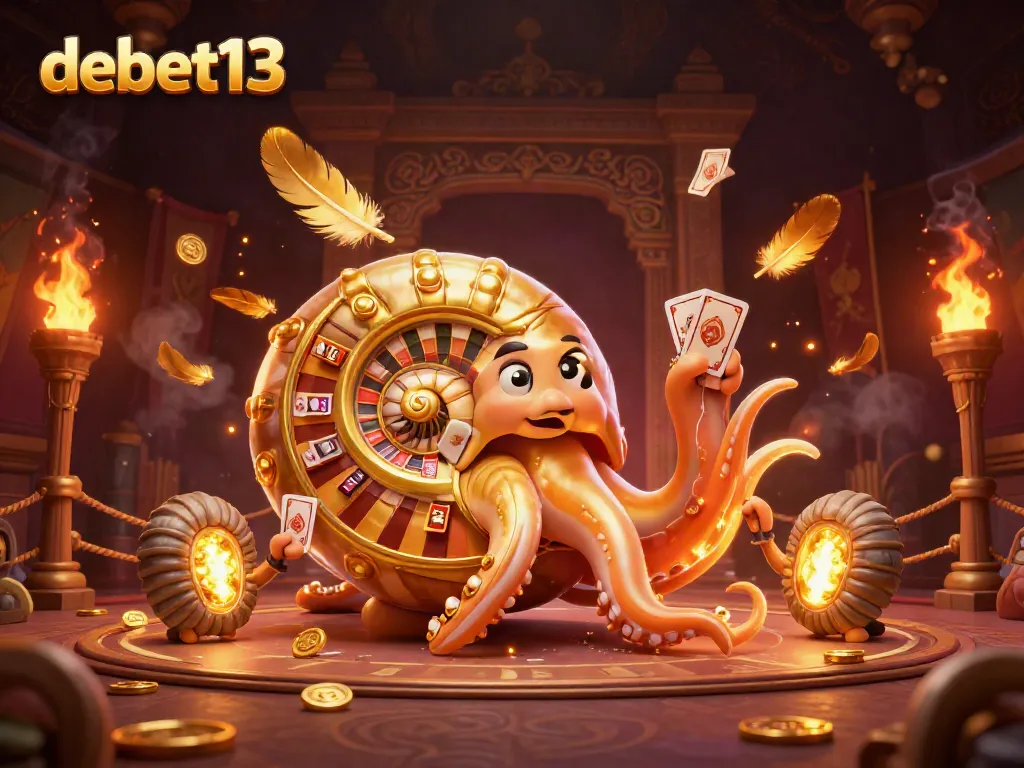 Experience the thrill of debet13 with a giant nautilus and glowing companions in a vibrant casino setting.