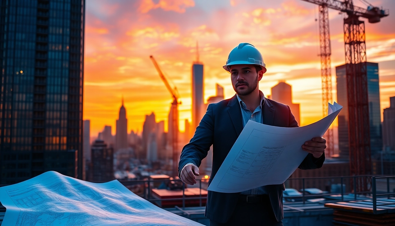 New York City General Contractor managing a construction site with city skyline backdrop.