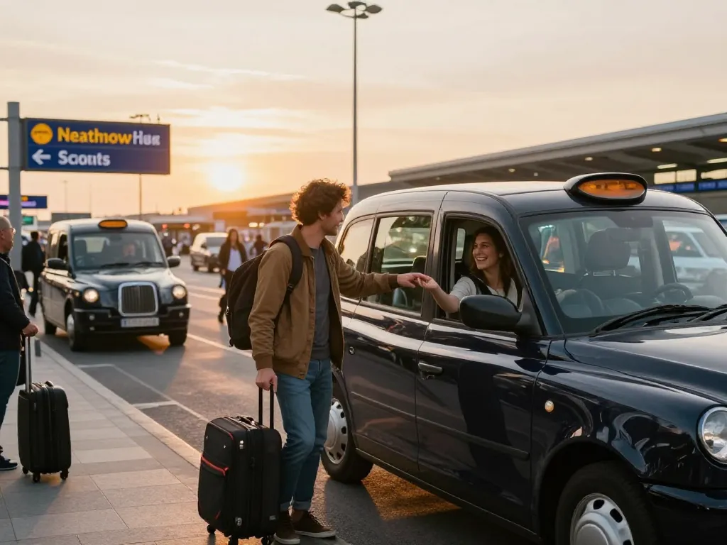 Taxi to Heathrow airport with happy traveler and driver at sunset, showcasing a dynamic airport environment and luggage.