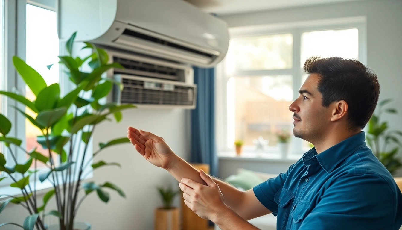 AC Repair Tampa technician inspecting the air conditioner in a bright living space.