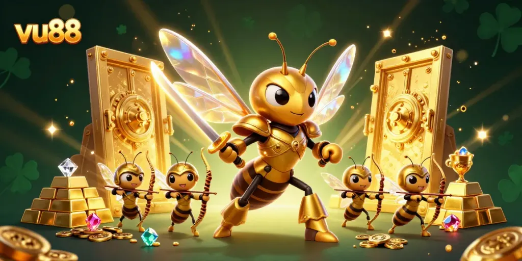 vu88 showcases a dynamic scene featuring a golden hornet in samurai armor amidst sparkling treasures and vibrant casino elements.
