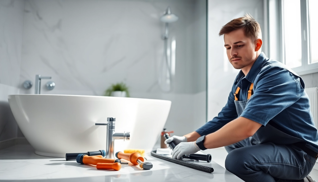 A skilled plumber near me fixing pipes in a modern bathroom