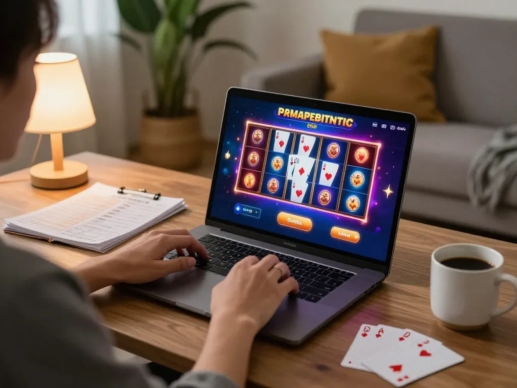 Person engaging in online gambling at Go88 with vibrant casino graphics on laptop