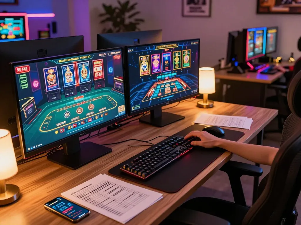 Engaged player using a tablet to explore 33WIN casino options in a stylish online gaming setup.