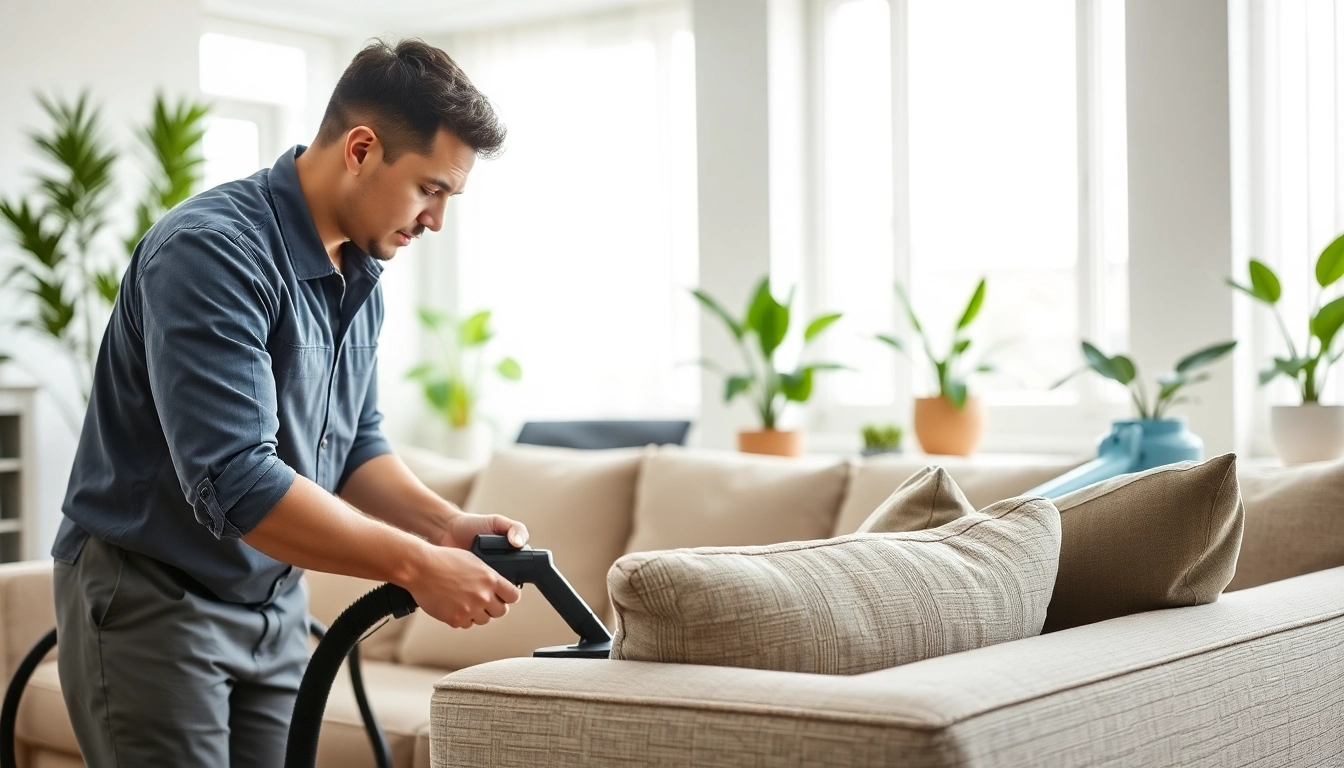 Upholstery cleaning in Glasgow by a professional technician in a bright, modern living room.