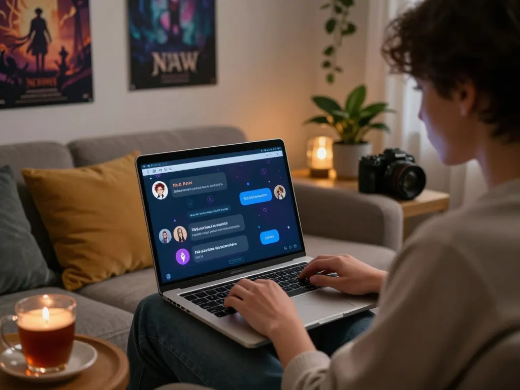 User engaging in NSFW AI chat on a laptop in a cozy room, showcasing inviting atmosphere and vibrant interface.