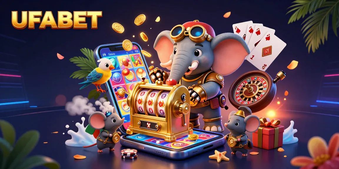 Engage with UFABET's vibrant 3D slots scene featuring an engineer elephant operating a golden machine.
