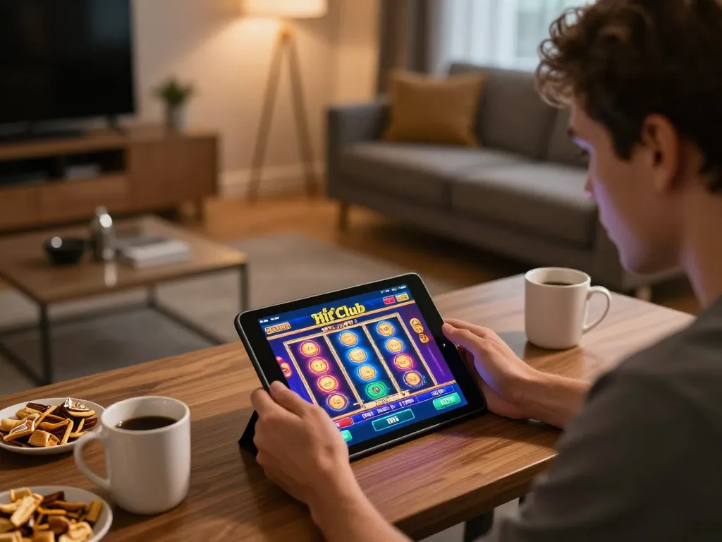 Player enjoying Hit Club slot games on tablet in a cozy home setting.