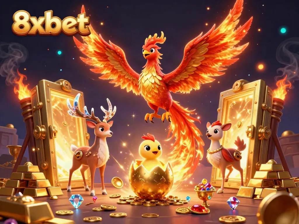 Engage with thrilling moments at 8xbet, showcasing a vibrant phoenix scene symbolizing rebirth in gaming.