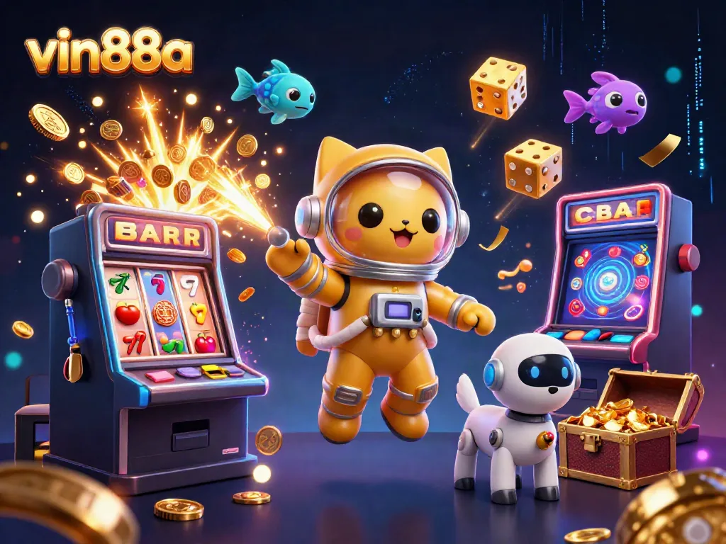 Play and win with vin88a at a vibrant, action-packed 3D gaming illustration showcasing dynamic casino elements.