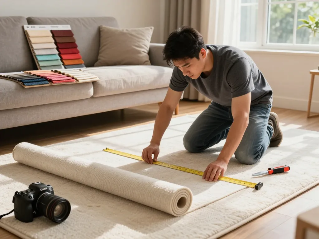 Carpet fitters near me expertly installing carpet in a cozy living room with bright sunlight and colorful samples.