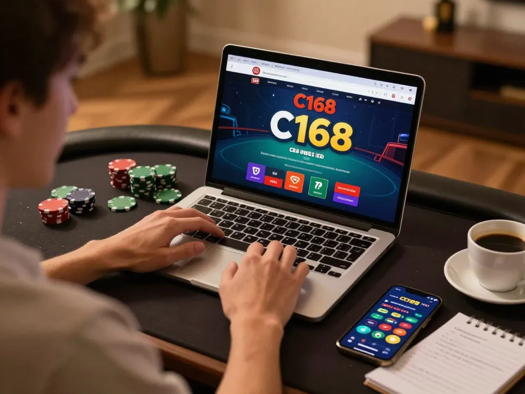 C168 poker gaming session at home with laptop and strategy notes, showcasing responsible entertainment