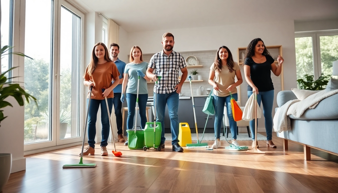 Show team providing cleaning services near me in a bright, modern home setting.