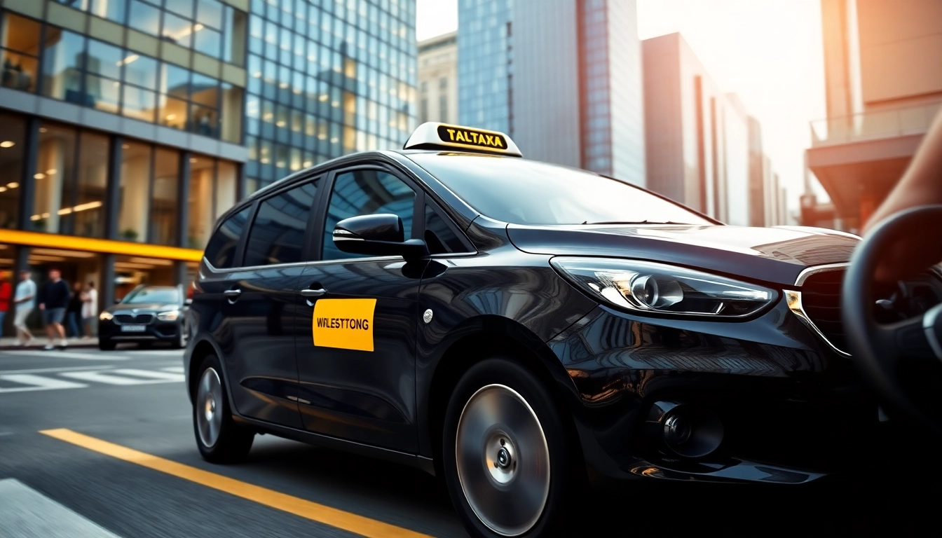 Minicabs parked in a busy city, showcasing a modern black vehicle against an urban skyline.