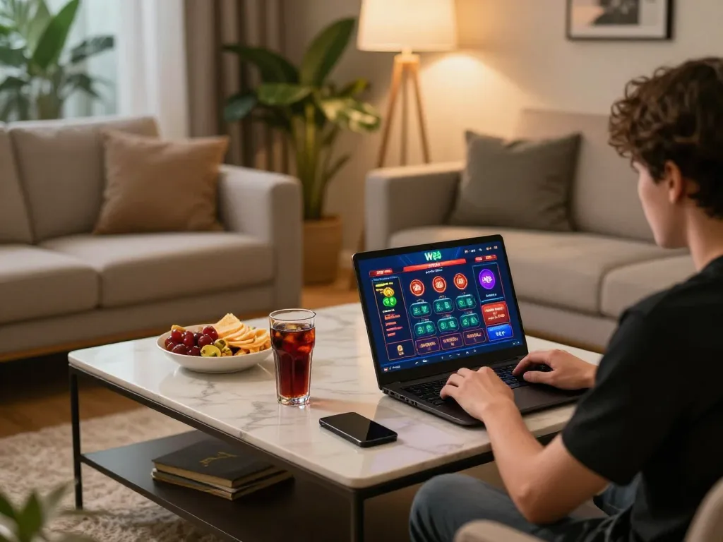 Engaging in online betting on W88 from a stylish home gaming setup with warm lighting