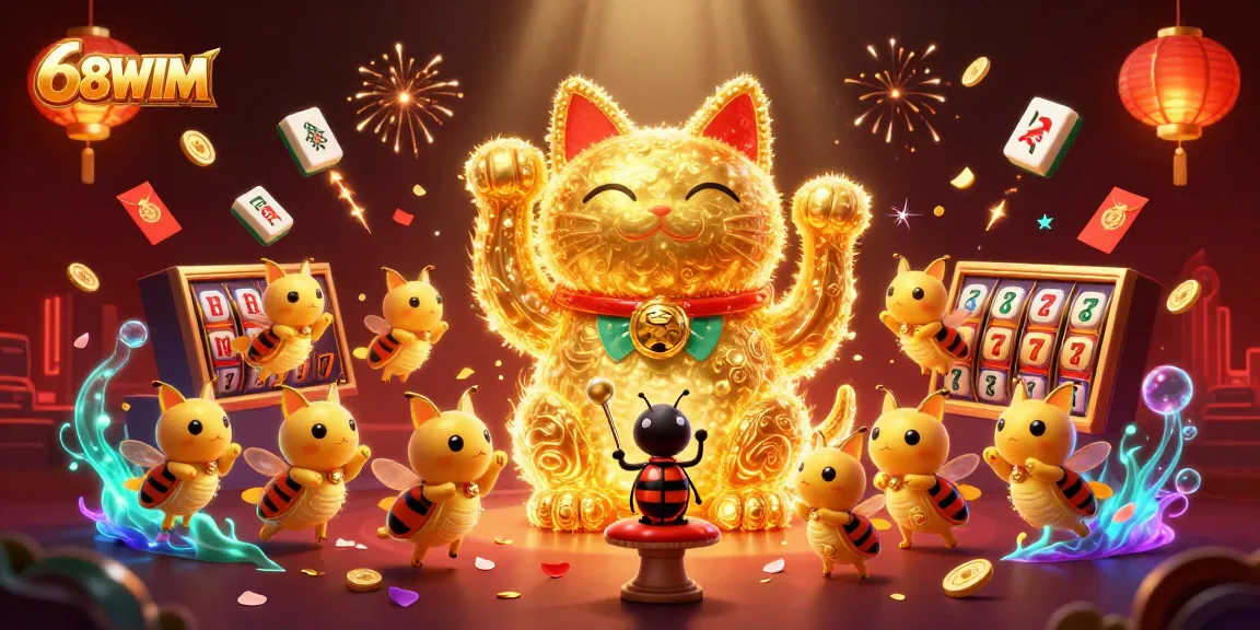 Join the lively adventure at 68WIM casino with golden fireflies forming a lucky cat, enriching your gaming experience.