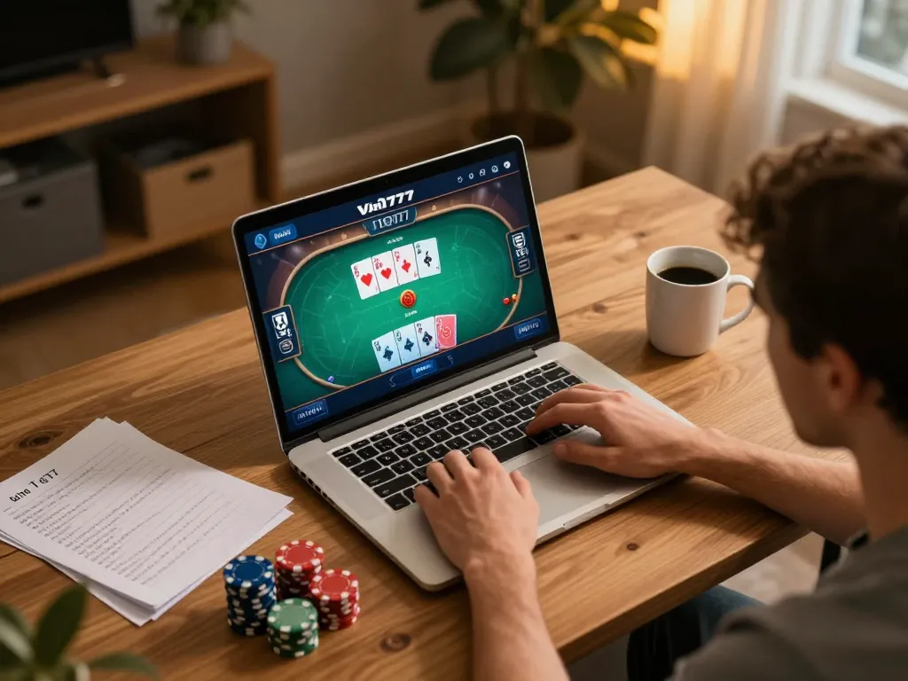 Experience Vin777 online poker gameplay with a cozy home setup featuring strategic notes and modern technology.