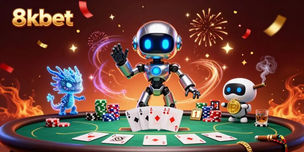 Experience thrilling gaming with the energetic 8xbet robot mascot and casino action elements.