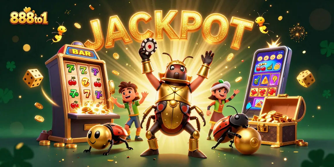 Experience the excitement of winning at 888to1 with a playful beetle duo celebrating in a vibrant casino.