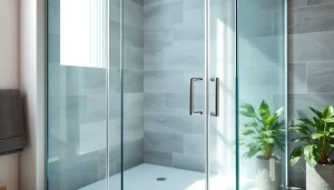 Stylish glass shower doors enhancing a modern bathroom's elegance and spacious feel.