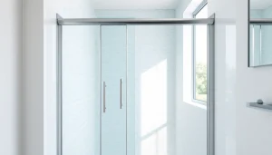 Showcase of a stylish shower screen sliding door in a modern bathroom interior.
