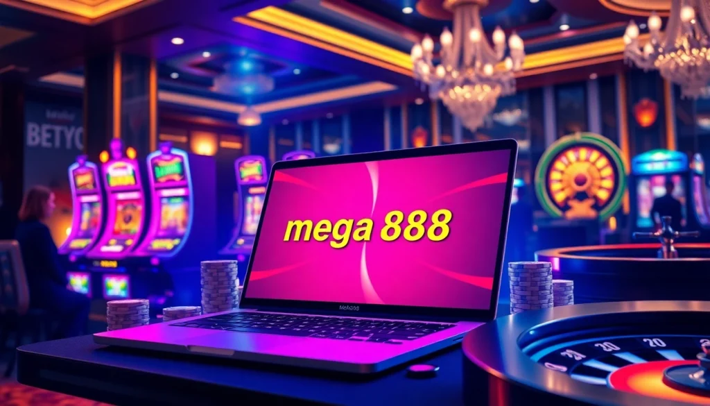 A player enjoying games via the mega888 client in a luxurious casino environment with vibrant visuals.