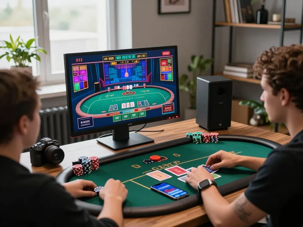 Engaged player strategizing online poker gameplay at home, utilizing kk44 gaming setup with dual screens and betting applications.