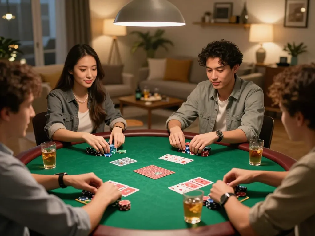Exciting poker gameplay at home with friends showcasing https://x88.diy/ as players place bets and strategize.